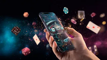 A woman smiling by bright slot machines showing lucky symbols, showcasing the exciting slot offerings at 4777BETT.